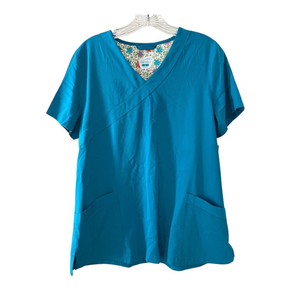 Dansko Women’s Size L Teal Scrub Top with Floral Trim Pockets